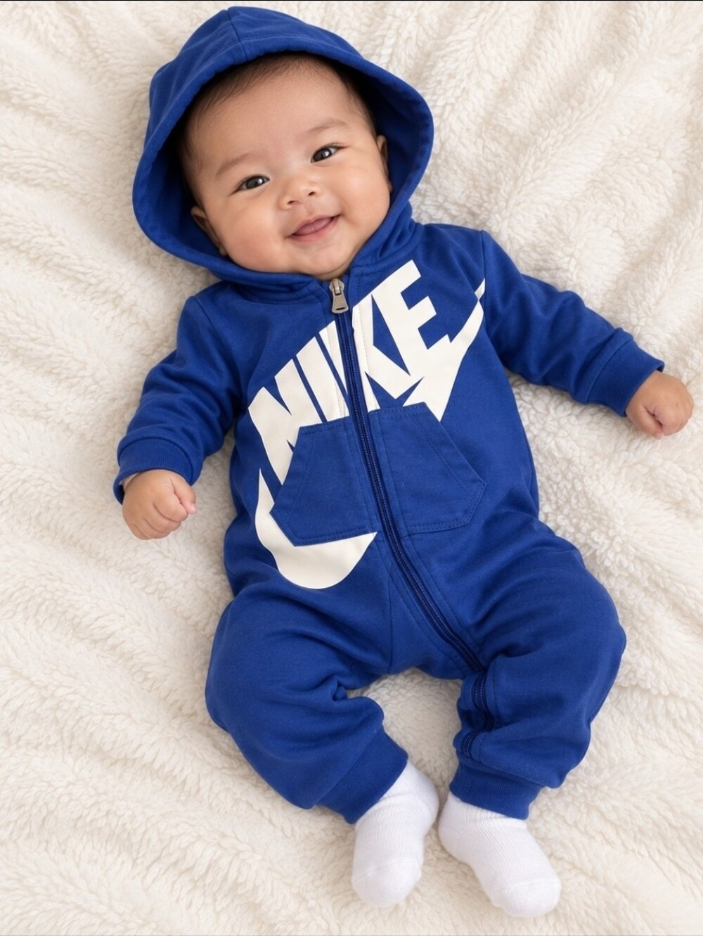 0-3 Mo Nike Baby Boys Blue Hooded Zip-Up Coverall Romper Onesie Swoosh Logo
